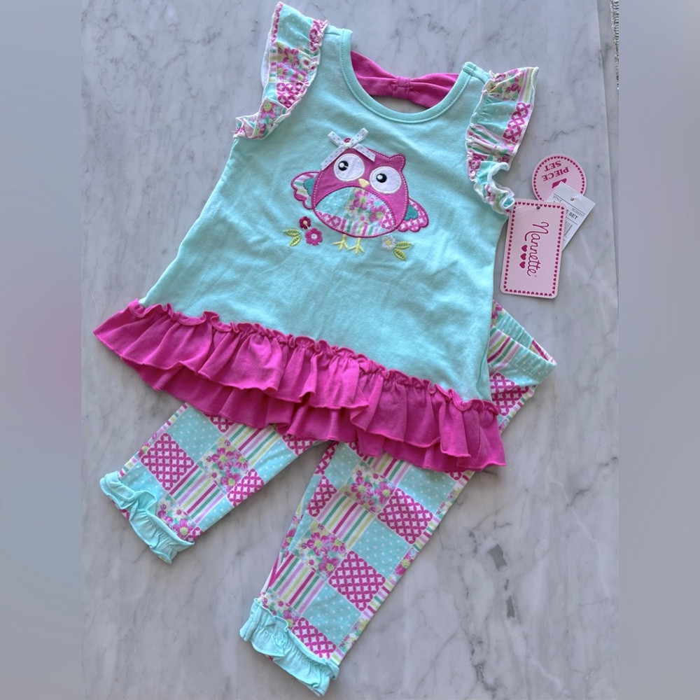 2pc Nanette summer outfit 24 months with adorable owl, and floral print. NWT